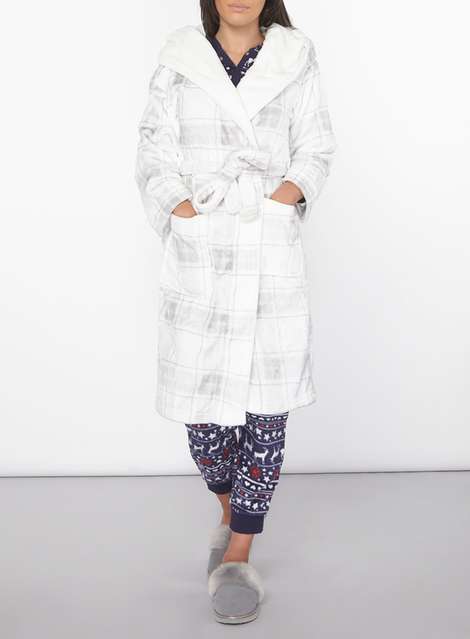 Petite Ivory And Grey Check Dressing Gown